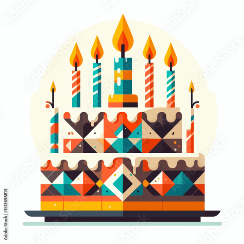 A multi-tiered birthday cake with colorful candles and geometric patterns, perfect for blogs on celebrations, birthdays, parties, or desserts.