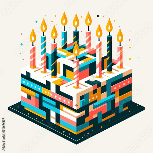 An isometric birthday cake with colorful blocks and lit candles. Use this for birthday celebrations or party-themed websites/blogs.