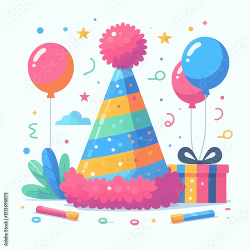 A vibrant party hat with a pom-pom, surrounded by balloons, confetti, and gifts. Use this for birthday celebrations or festive events on websites/blogs.