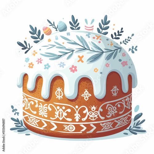 An Easter cake decorated with white frosting, spring leaves, and small Easter eggs. Use this for holiday celebrations or festive food themes on websites/blogs.