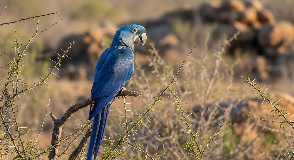 Obraz premium Beautiful hyacinth macaw perched on a branch in the wild nature