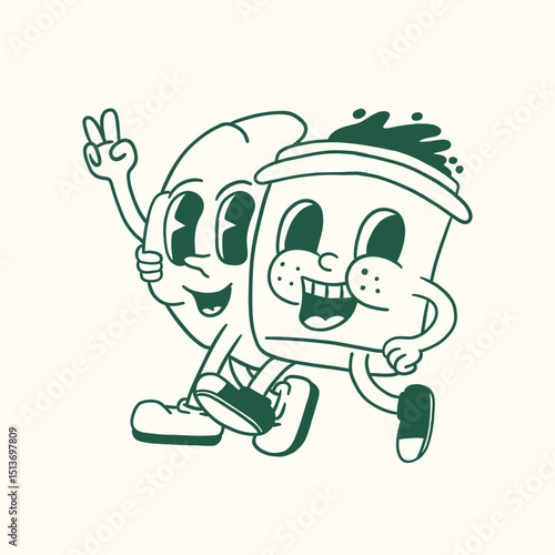 coffee cup and croissant retro cartoon character illustration
