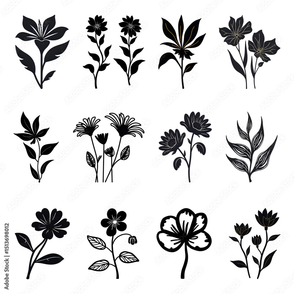 set of black silhouettes of flowers set of black silhouettes of flowers