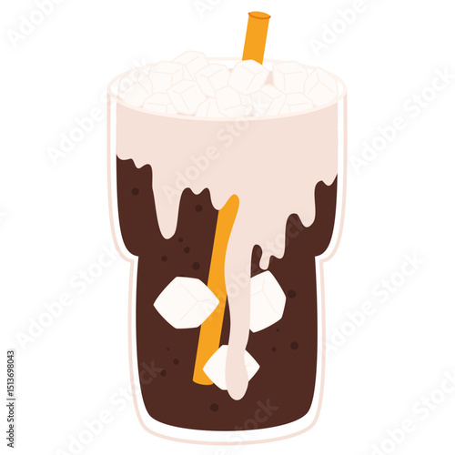 Iced dark soda with whipped cream and orange straw in tall glass isolated on white