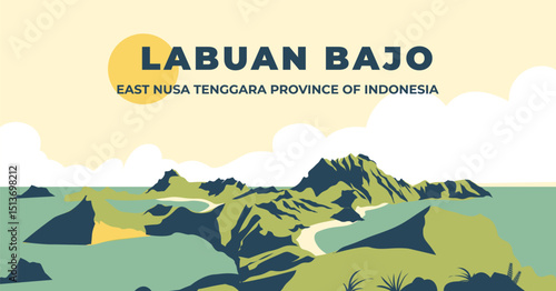 A vibrant flat vector illustration of Labuan Bajo in Flores, East Nusa Tenggara, Indonesia. Featuring tropical islands and komodo park