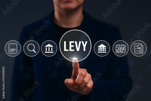 Businessperson's hand pressing levy button suggesting tax law and financial compliance concepts