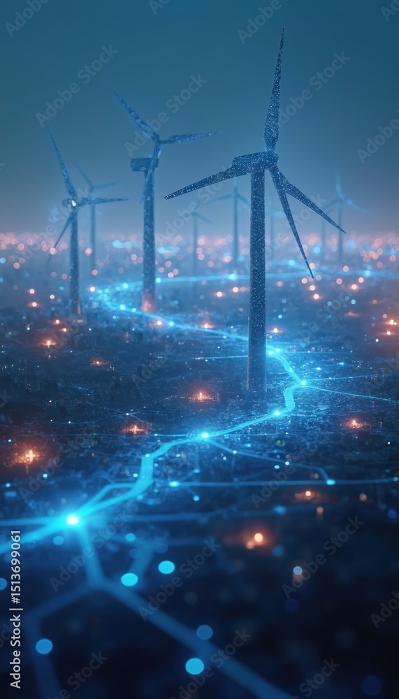 Fototapeta premium Futuristic illustration of wind turbines with glowing city, representing eco-friendly energy. Image visualizes AI-powered energy management solutions for optimization, sustainability, carbon