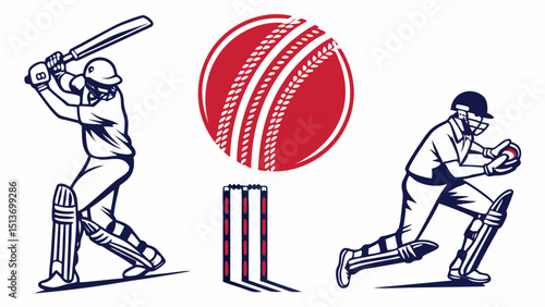 Cricket Line Art – Batsman, Bowler, Ball, Stumps, Game Moments