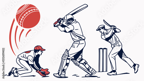 Cricket Line Art – Batsman, Bowler, Ball, Stumps, Game Moments