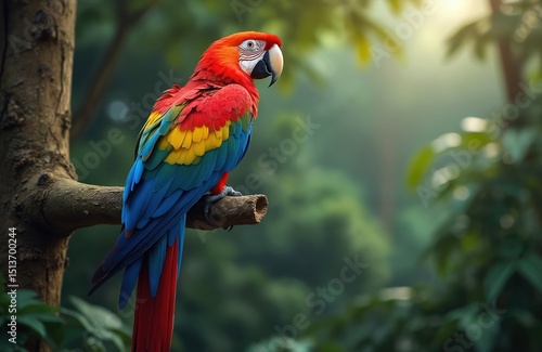 Wallpaper Mural Vibrant AI-generated illustration depicts colorful parrot perched on tree branch, observing rich jungle. Exotic bird bright feathers contrast with blurred green backdrop. Wildlife tropical scenery. Torontodigital.ca