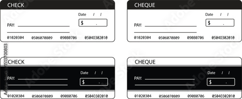 Bank cheque set, vector blank money check , checkbook template with guilloche pattern and fields. Currency payment coupon, money checks