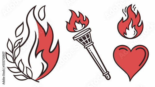 Fire and Flame Icons – Torch, Campfire, Fireplace, Fire Safety Symbols