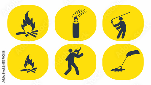 Fire and Flame Icons – Torch, Campfire, Fireplace, Fire Safety Symbols