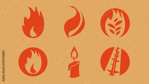 Fire and Flame Icons – Torch, Campfire, Fireplace, Fire Safety Symbols
