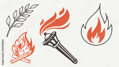 Fire and Flame Icons – Torch, Campfire, Fireplace, Fire Safety Symbols