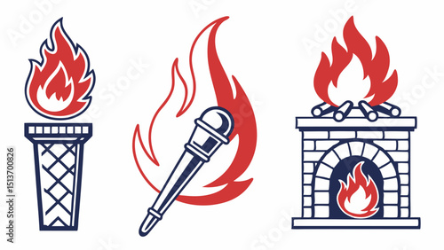 Fire and Flame Icons – Torch, Campfire, Fireplace, Fire Safety Symbols