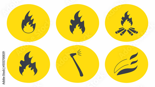 Fire and Flame Icons – Torch, Campfire, Fireplace, Fire Safety Symbols