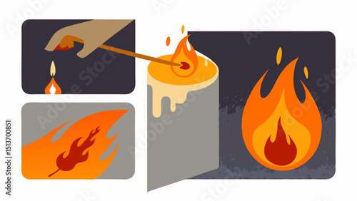 Fire and Flame Icons – Torch, Campfire, Fireplace, Fire Safety Symbols