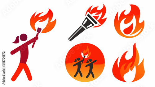 Fire and Flame Icons – Torch, Campfire, Fireplace, Fire Safety Symbols