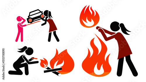 Fire and Flame Icons – Torch, Campfire, Fireplace, Fire Safety Symbols