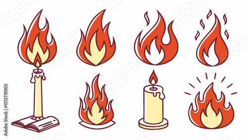 Fire and Flame Icons – Torch, Campfire, Fireplace, Fire Safety Symbols