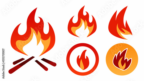 Fire and Flame Icons – Torch, Campfire, Fireplace, Fire Safety Symbols