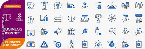 Business icons set with team, stats, briefcase, portfolio, profit, analysis, coordination, international, collaboration, insurance icon. Simple line vector