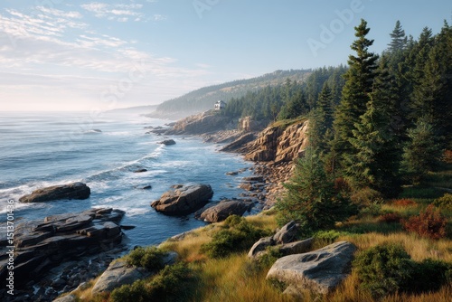 Serene coastal maine landscape with house isolated on white background