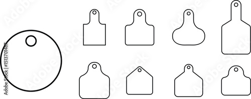 Ear tags for cattle. Set of blank black identification labels for farm animals . Collection of earmark mockups for livestock cows and buffaloes. line Vector illustration