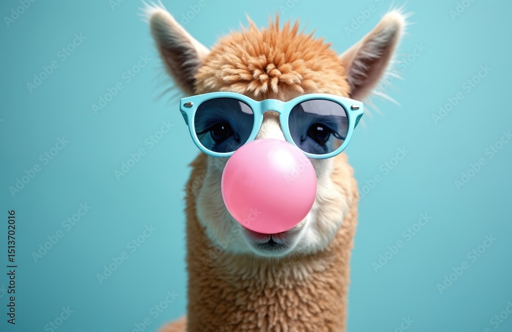 Fototapeta premium Portrait alpaca blowing pink bubble gum wearing pastel blue glasses. Set against solid pastel blue background. Stylish trendy print poster for kids. Cute playful animal, joyful design for modern