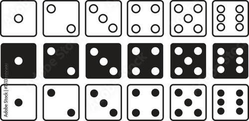 Game dice. Set of Ludo game dice collection. Dice in a line and flat design from one to six. monochrome dices Vector illustration