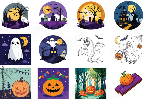 set of halloween ghost vector