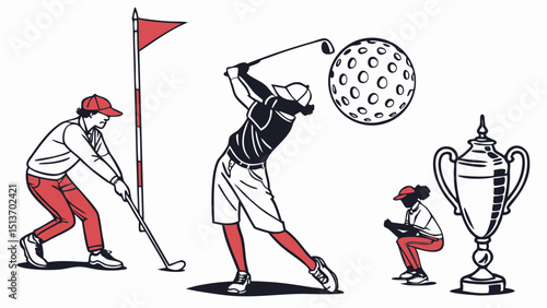 Golf Sports Icons – Players, Golf Ball, Clubs, Flags, Trophies & Carts