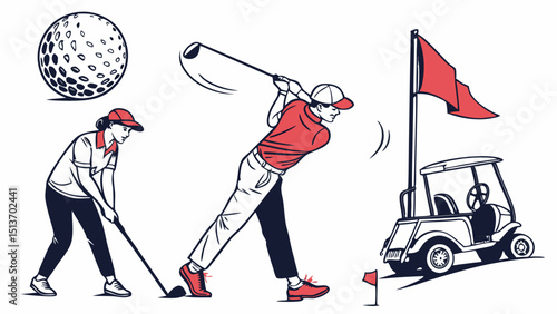 Golf Sports Icons – Players, Golf Ball, Clubs, Flags, Trophies & Carts