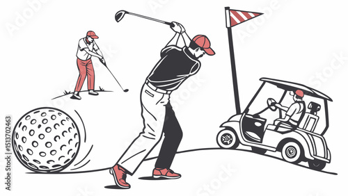 Golf Sports Icons – Players, Golf Ball, Clubs, Flags, Trophies & Carts