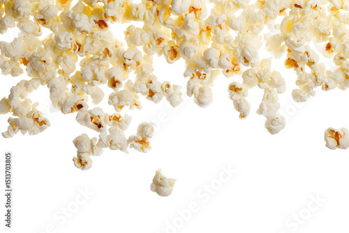 A close up view of popcorn pieces scattered with a black background creating a dynamic food image effect