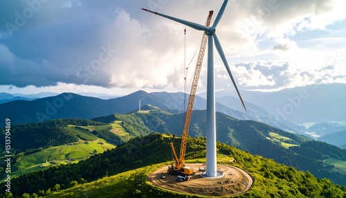 Wind Turbine Construction On Green Hill Under Cloudy Sky Aerial View