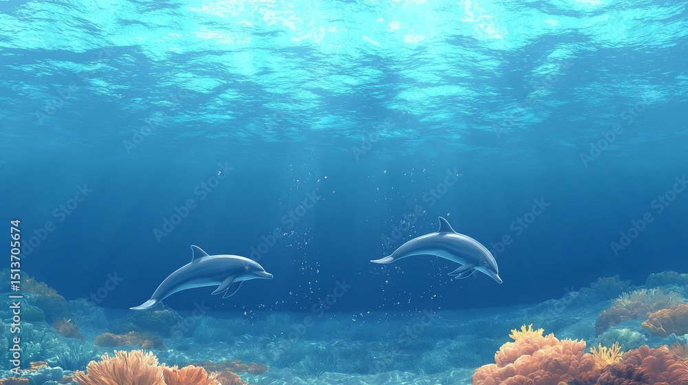 Fototapeta premium Underwater scene with two dolphins swimming in the ocean. the water is a deep blue color and the surface is covered in coral reefs.