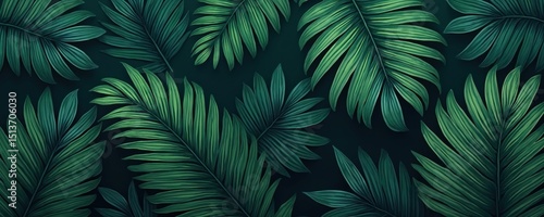 Elegant dark green palm leaf pattern. Simple design, forest green background. Nature inspired. Tropical plant leaves background for design, textile, wallpaper, print, poster.