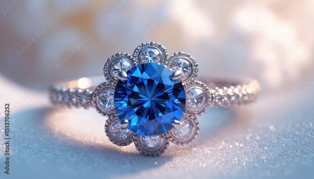 Fototapeta premium Elegant blue sapphire ring with shimmering diamonds. Perfect for engagement, wedding, special occasion. Luxury jewellery with precious gem stones. Bridal accessory. Handcraft design.