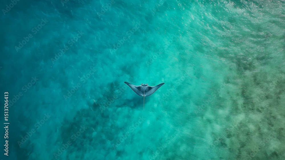 Obraz premium Aerial view of a manta ray swimming in the ocean. the water is a beautiful turquoise color and the surface is covered in small waves.