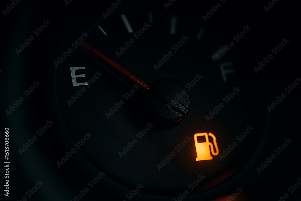 Naklejka premium Car dashboard warning with empty fuel gauge and glowing alert light