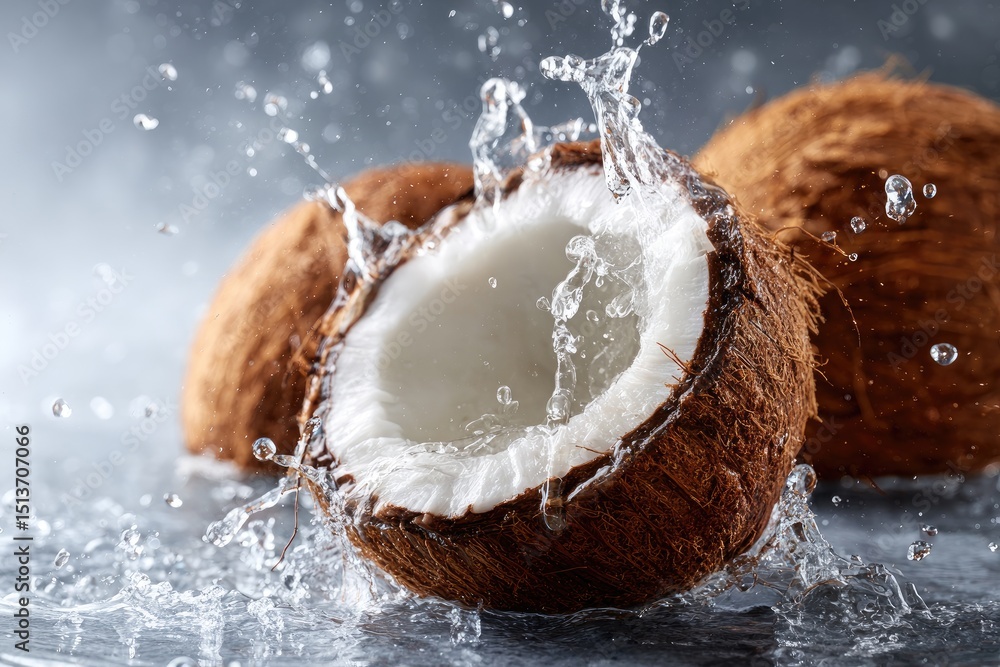 Fototapeta premium Fresh coconut halves with water splashes.