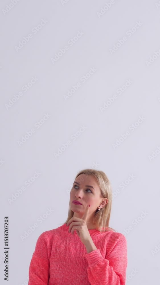 Thoughtful woman thinking on a white background, arriving at a brilliant idea while solving a problem, displaying focus and creativity in a contemplative moment. Vertical video. Thoughtful woman thinking on a white background, arriving at a brilliant idea while solving a problem, displaying focus and creativity in a contemplative moment. Vertical video.