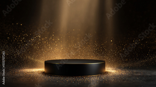 Elegant black and gold podium with sparkling lights for product display and presentation