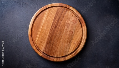 top view of a round wooden cutting board on a dark background