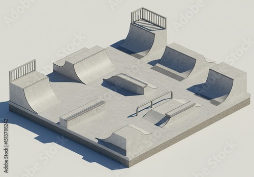 Isometric view of a concrete skatepark with ramps, ledges, and rails