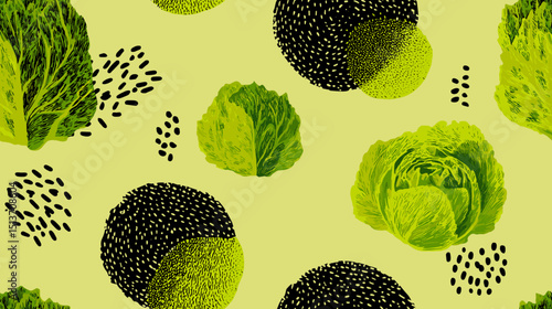 Colorful pattern of lettuce and seeds on soft green background  