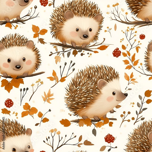 Seamless pattern of So cute hedgehog animals cartoon with brown leaf on white background. Generative AI