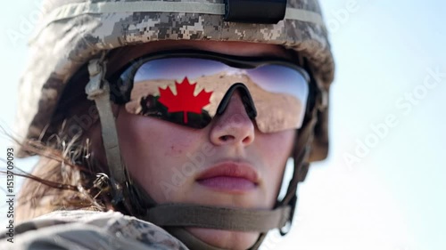 A Canadian female soldier with a reflection of the maple leaf symbol on her glasses.